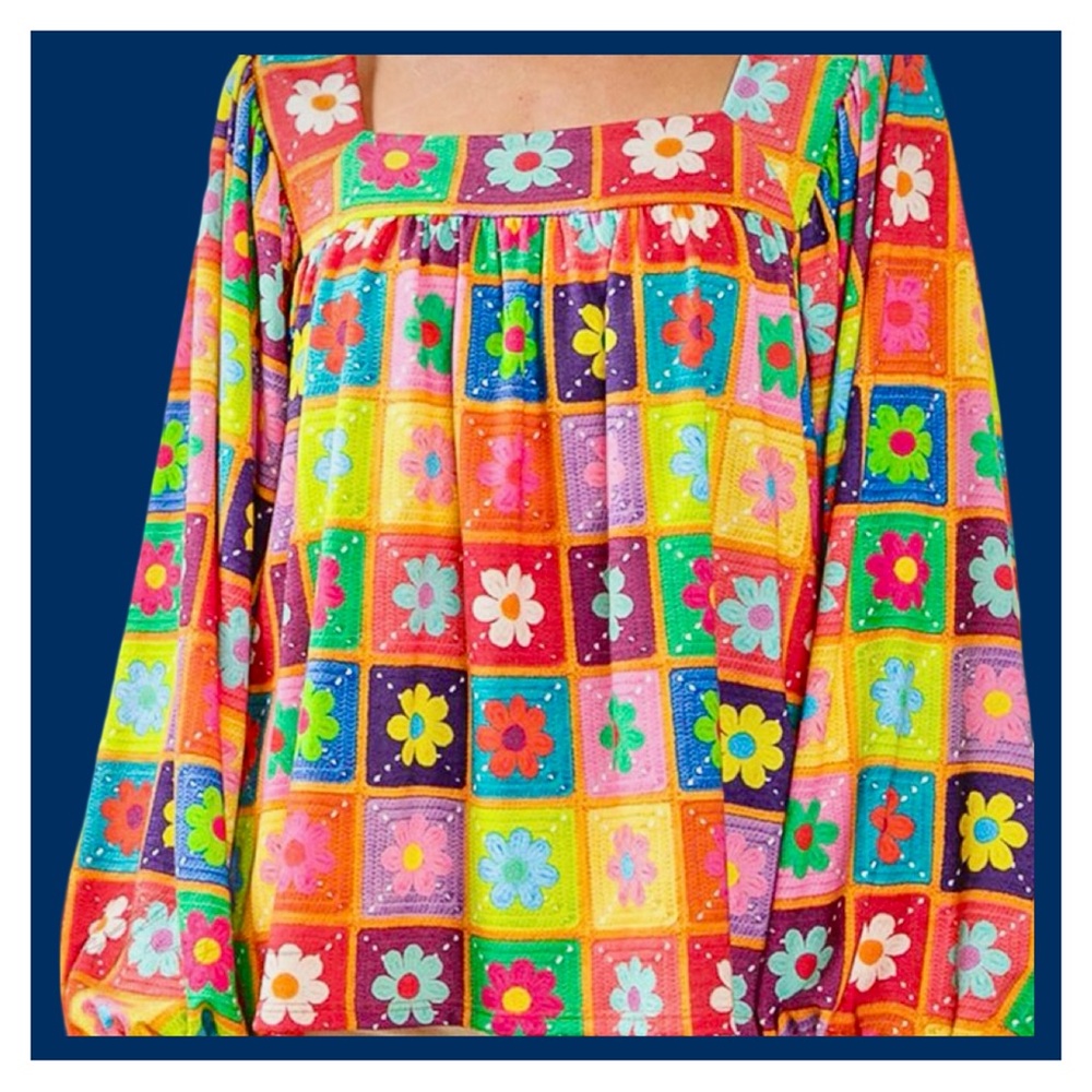 NET!Lemon Love Slightly Stretchy, Size XL, Multi Color Flowers Swing Top Sq Neck - Picture 2 of 11